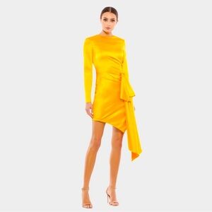 Mac Duggal 70152 NWOT Yellow Asymmetrical Draped Long Sleeve Mini Dress